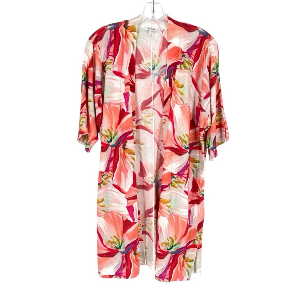 Chicos Summer Romance Floral Midi Cardigan Size 1 Coral Floral Knit Medium